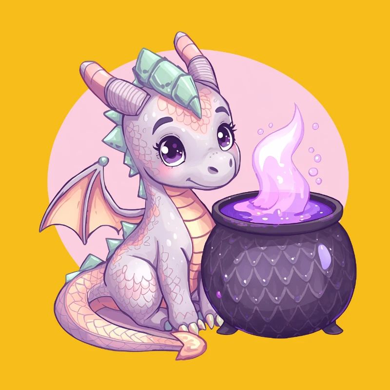 Cute Dragon with Magic Cauldron – Fantasy Art
