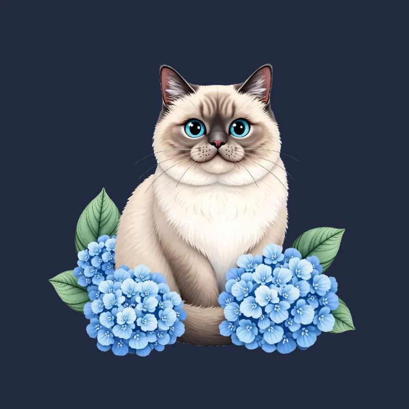 Chat Ragdoll mignon avec des hortensias bleus