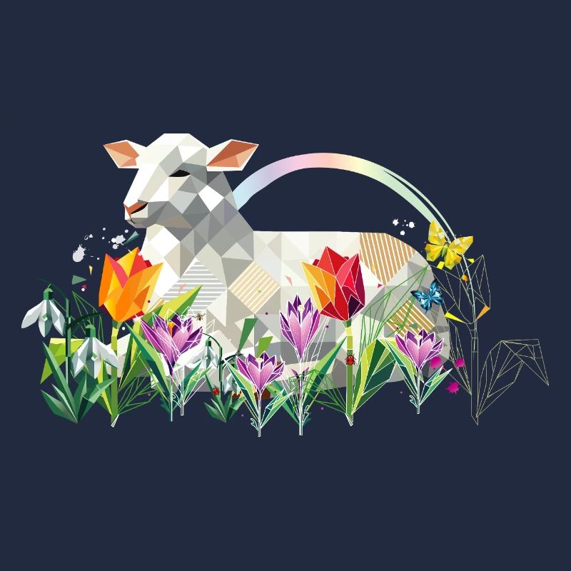 Frühlingslamm mit Blumen und Schmetterlingen