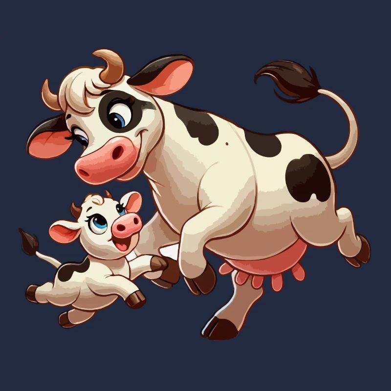 Vache mère avec enfant gambadant