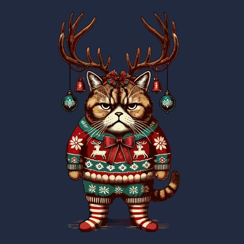 Grumpy Christmas cat with antlers