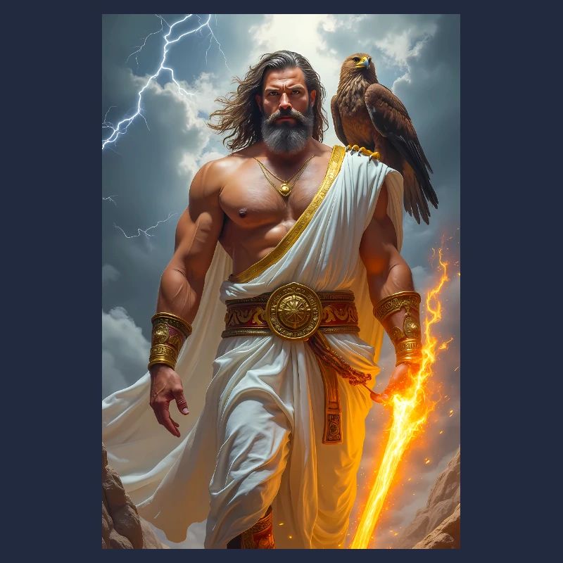 Zeus, bärtiger Gott, der einen Blitz hält, Sturm