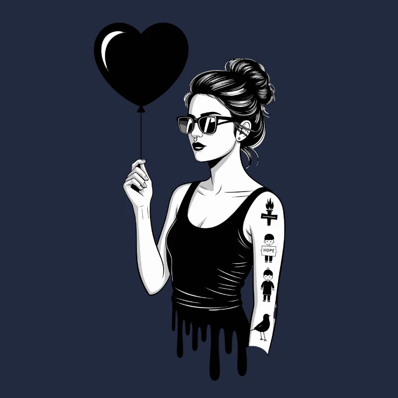 Dame noire et blanche avec ballon coeur et tatouages