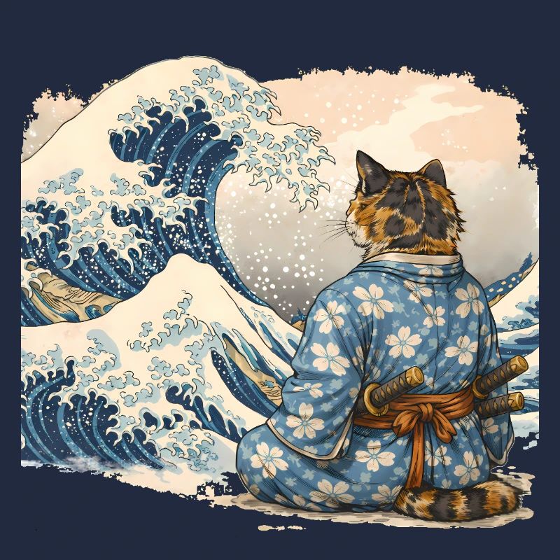 Style japonais ukiyo-e de la vague de chat samouraï