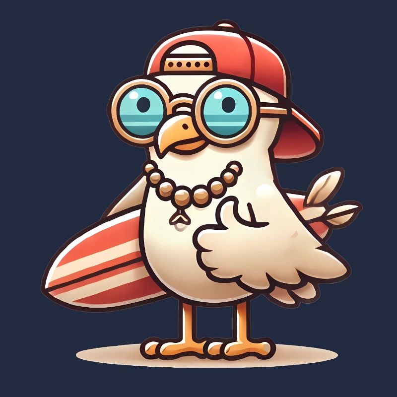 Coole Strandmöwe mit Surfbrett