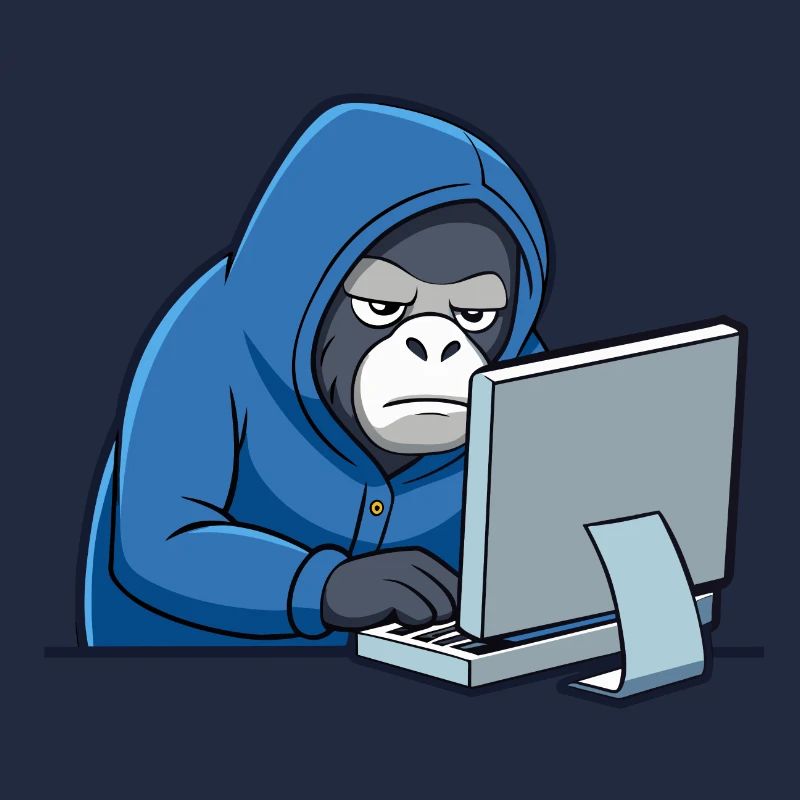 Niedlicher Hacker Gorilla im Hoodie vorm PC