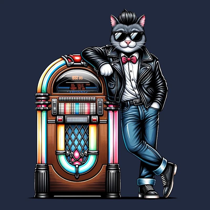 Rockabilly Cat steht an einer 80er-Jahre-Jukebox.