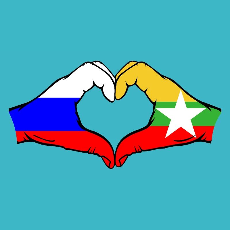 Russie Myanmar Drapeau Mains Coeur Forme