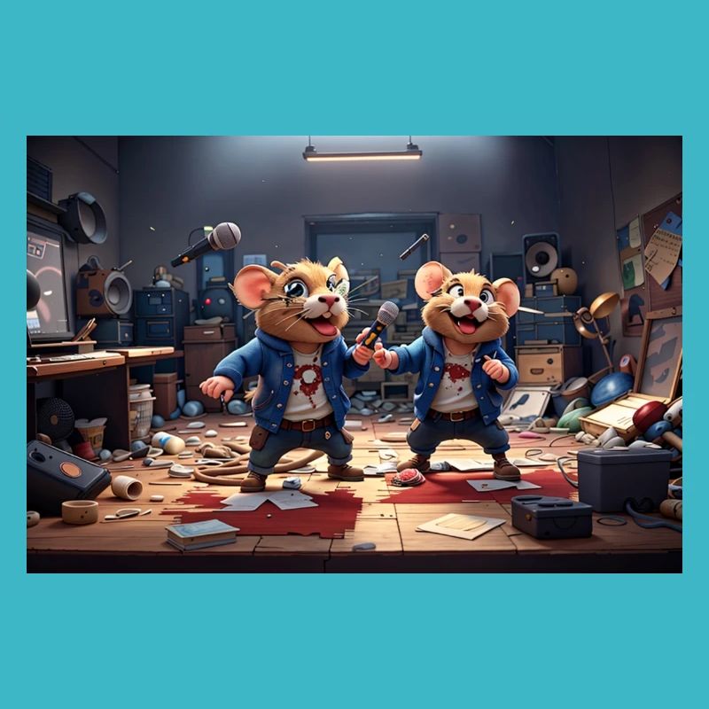 2 amis rats dans un studio de musique désordonné