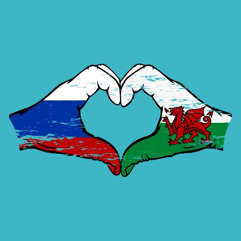 Russie Drapeau Pays de Galles mains forme de coeur utilisé