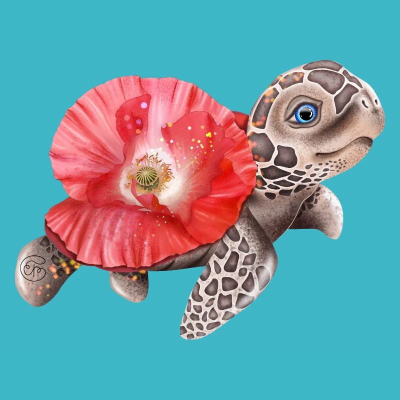 Süße Schildkröte mit Mohnblume
