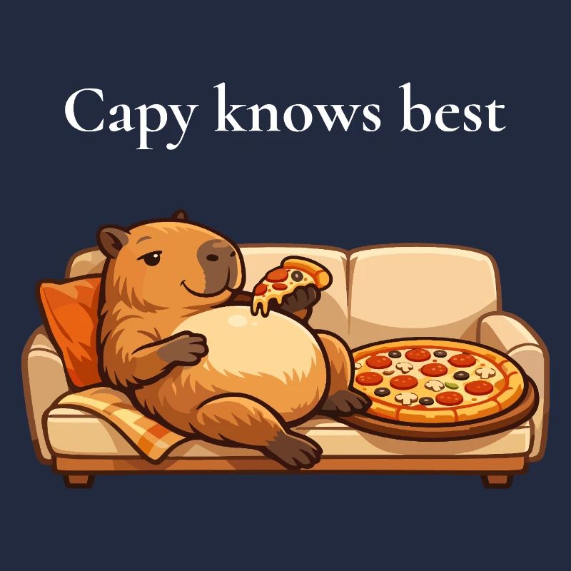 Capybara with pizza on sofa