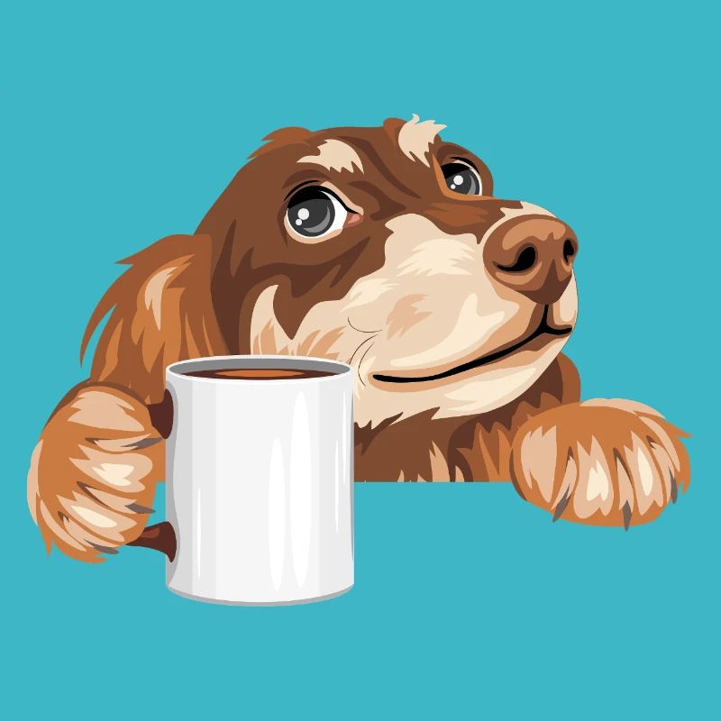 Teckel rêveur jetant un coup d’œil avec une tasse