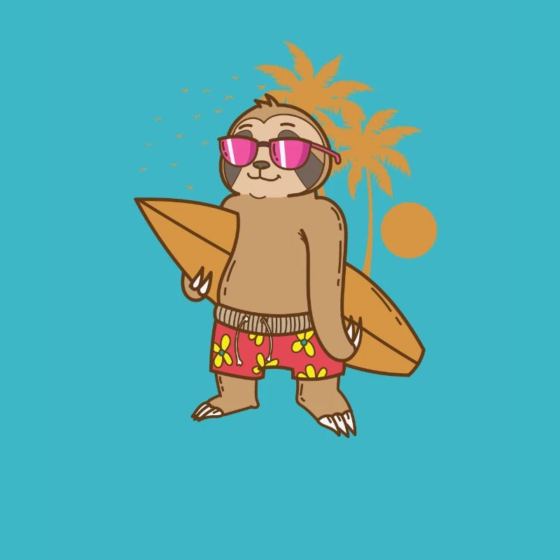 Faultier am Strand mit Surfbrett faul
