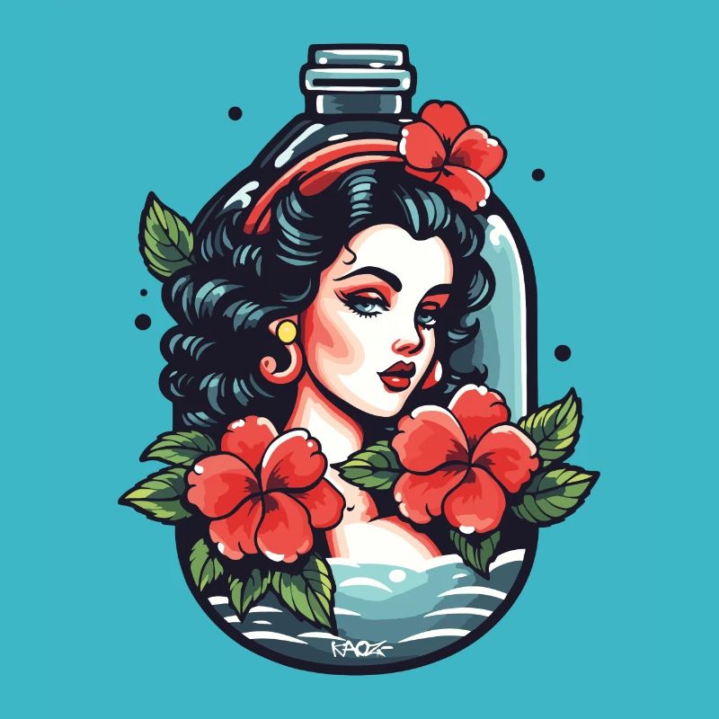 Tatouage de dessin animé classique et bouteille de parfum
