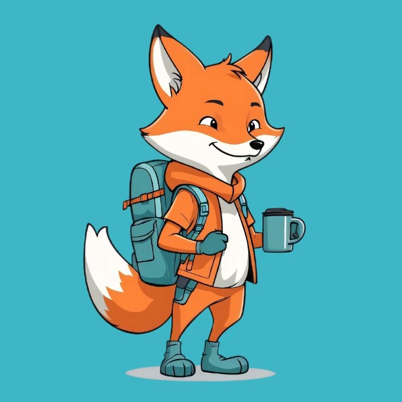 Adventure fox with backpack and cup