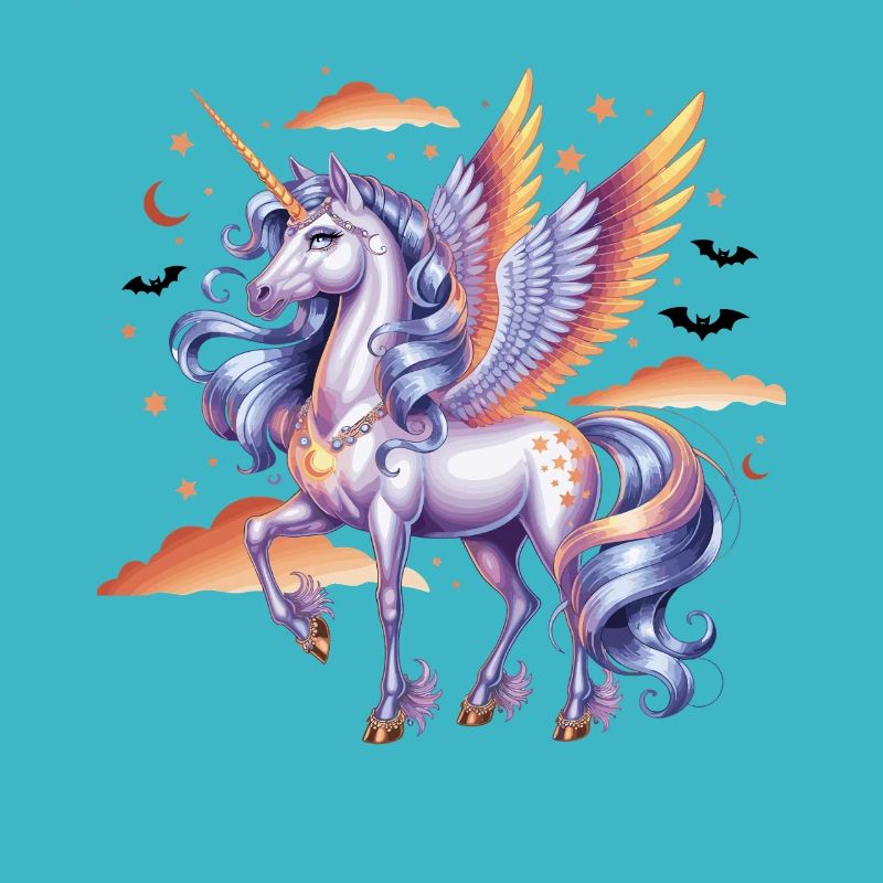 Magical unicorn with wings under starry sky