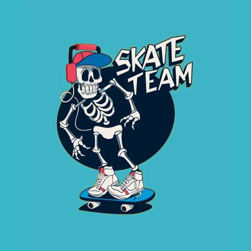Skate team on board as a skeleton and with music