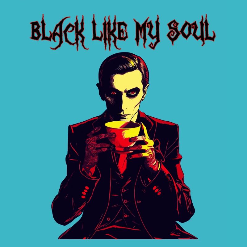 A creepy vampire drinking coffee