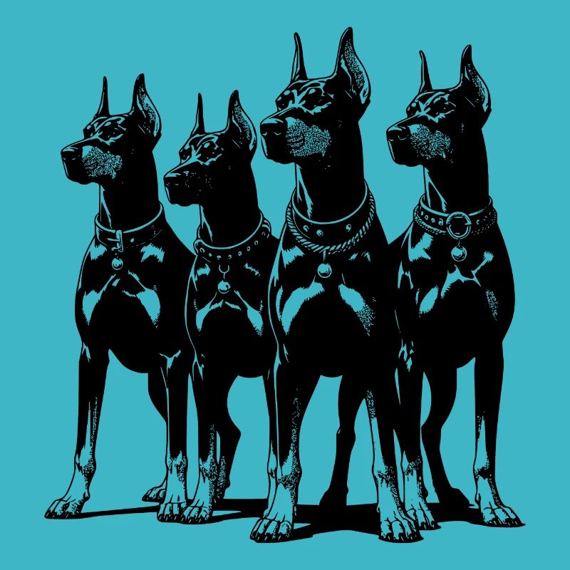 Vier schlaue wachsame Dobermänner Hunde