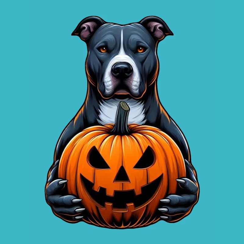 Pitbull Halloween - Holding Jack O Lantern