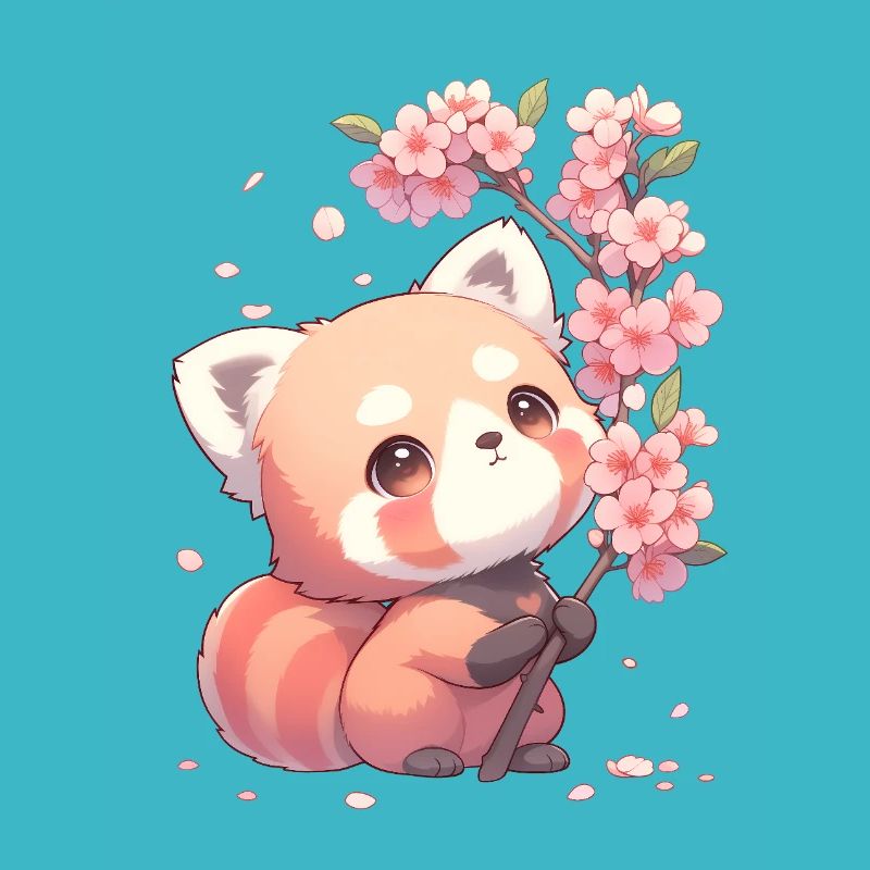 Mignonne style Chibi de panda rouge sakura et fleurs de cerisier