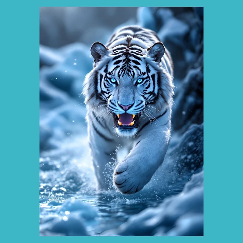Weisser Tiger läuft durch Bachlauf