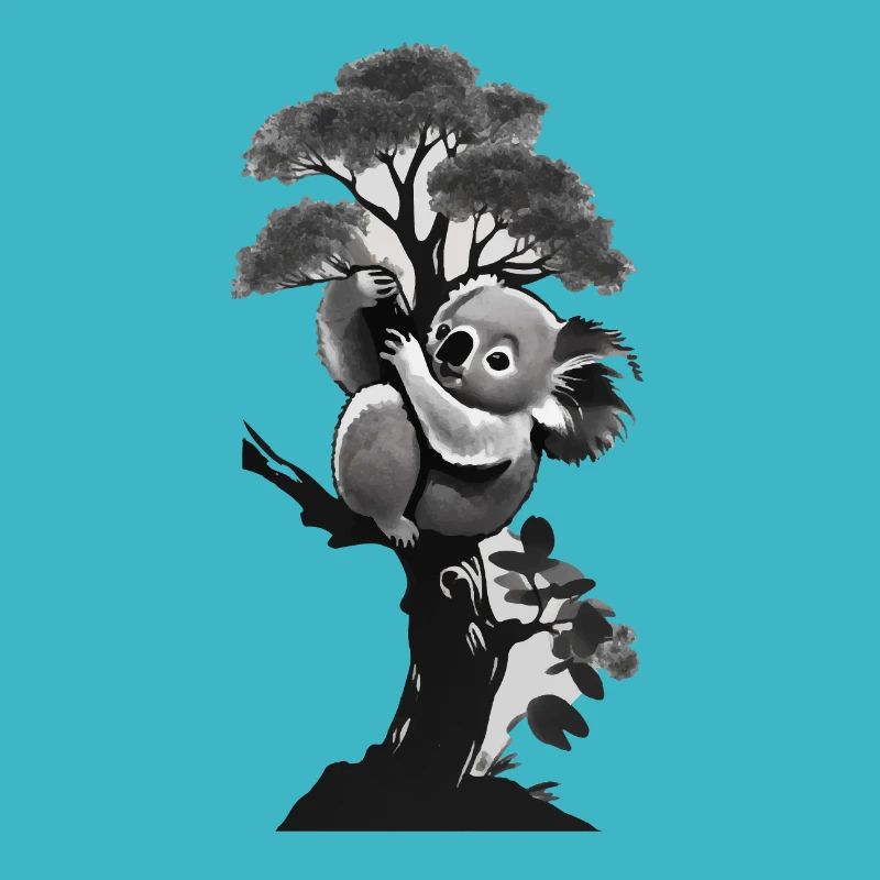 Silhouette of a koala leaning against a tree