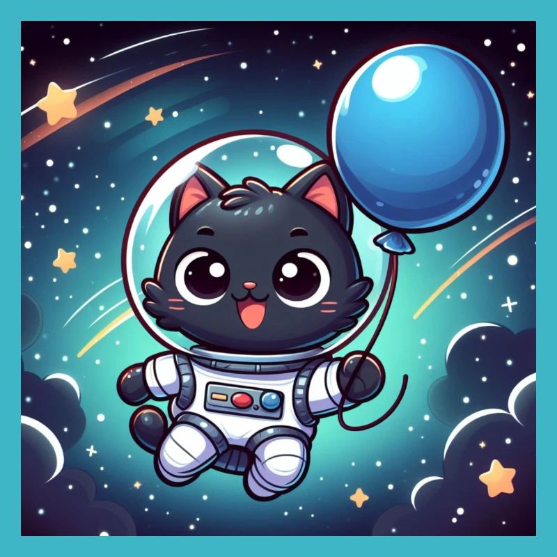 Space Kitty with blue balloon in space
