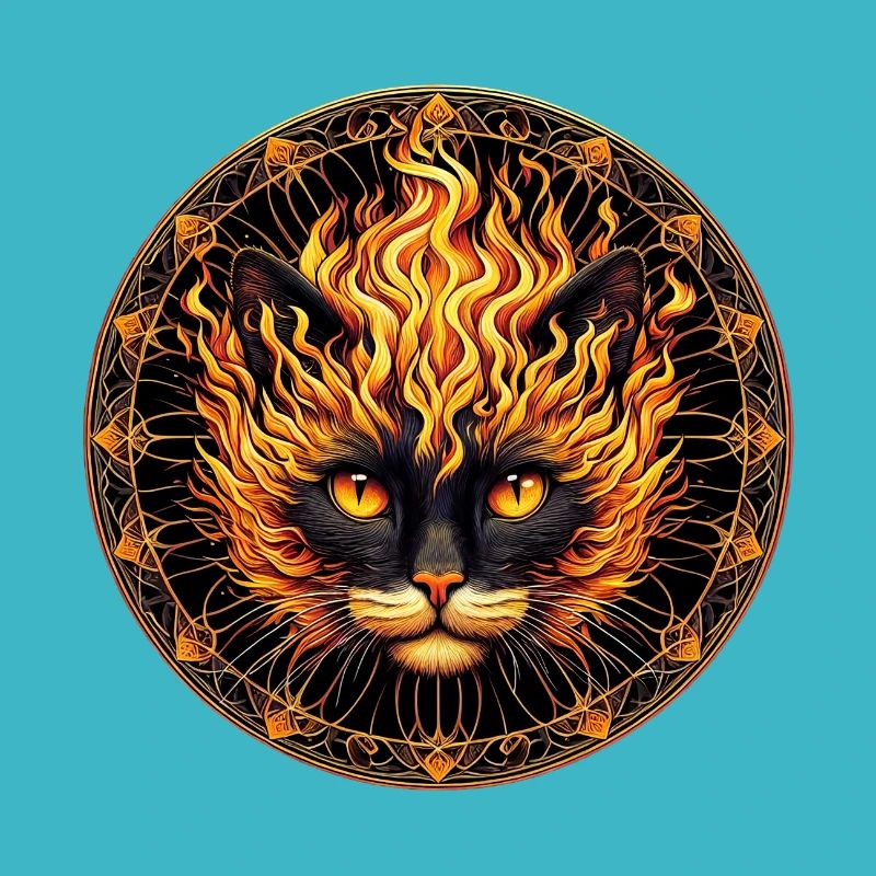 Mystical Fire Cat Mandala Design