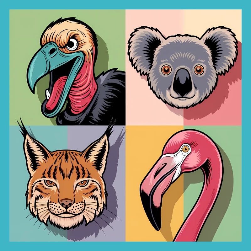Pop-Art bunt Geier Koala Luchs Flamimgo