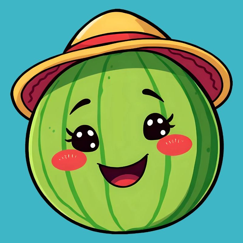 Lächelnde Wassermelone mit Sonnenhut - Skurrile Comic-Kunst