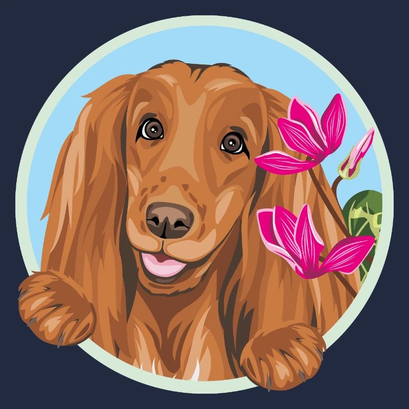 Fröhlicher Cocker Spaniel Hund mit rosa Blüten