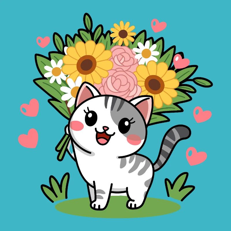 Chaton mignon avec bouquet de fleurs