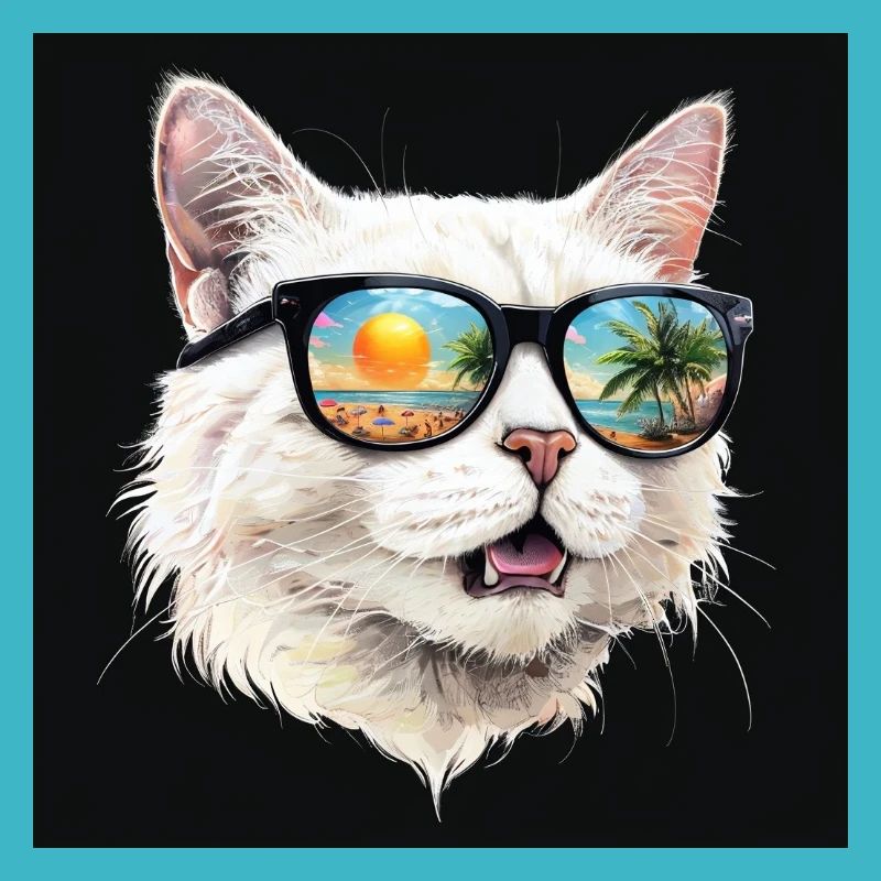 White Cat With Sunglasses Reflecting Tropical Sun