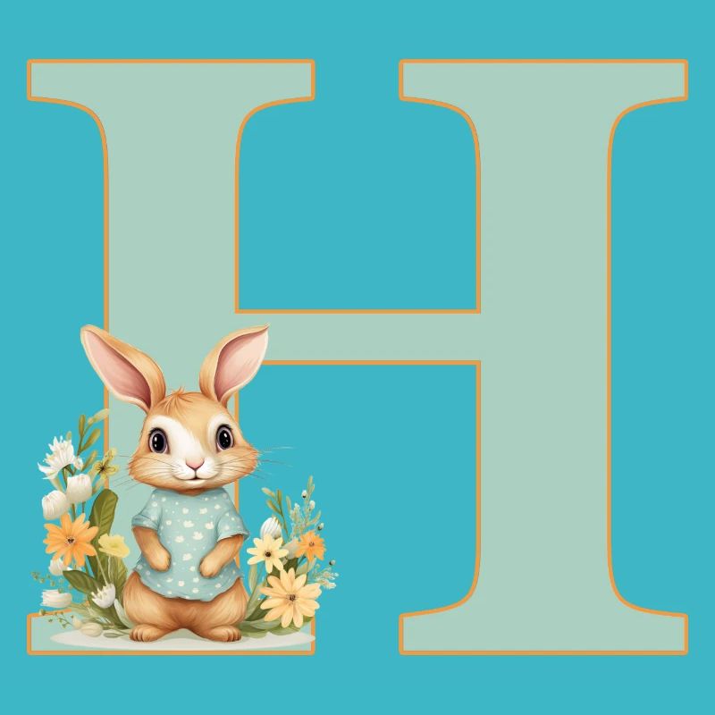 Lettre H, Monogramme, Fleurs, Lapin