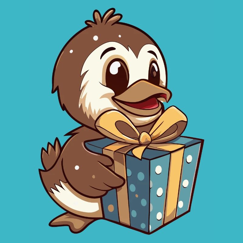 Cute duck unwraps gift