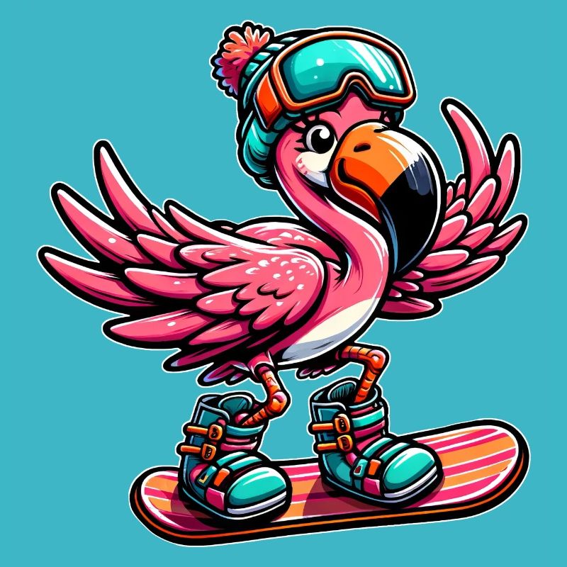 Cute Comic Flamingo Snowboarder Snowboarding