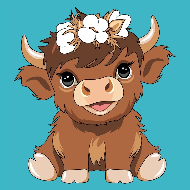 Mignon bébé vache des hautes terres avec une couronne de fleurs
