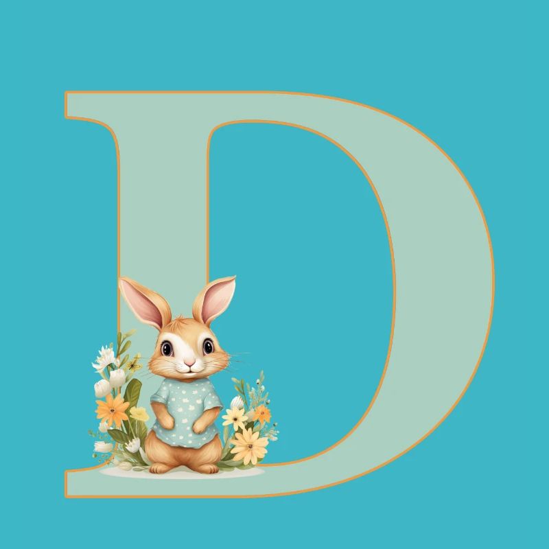Lettre D, Monogramme, Fleurs, Lapin
