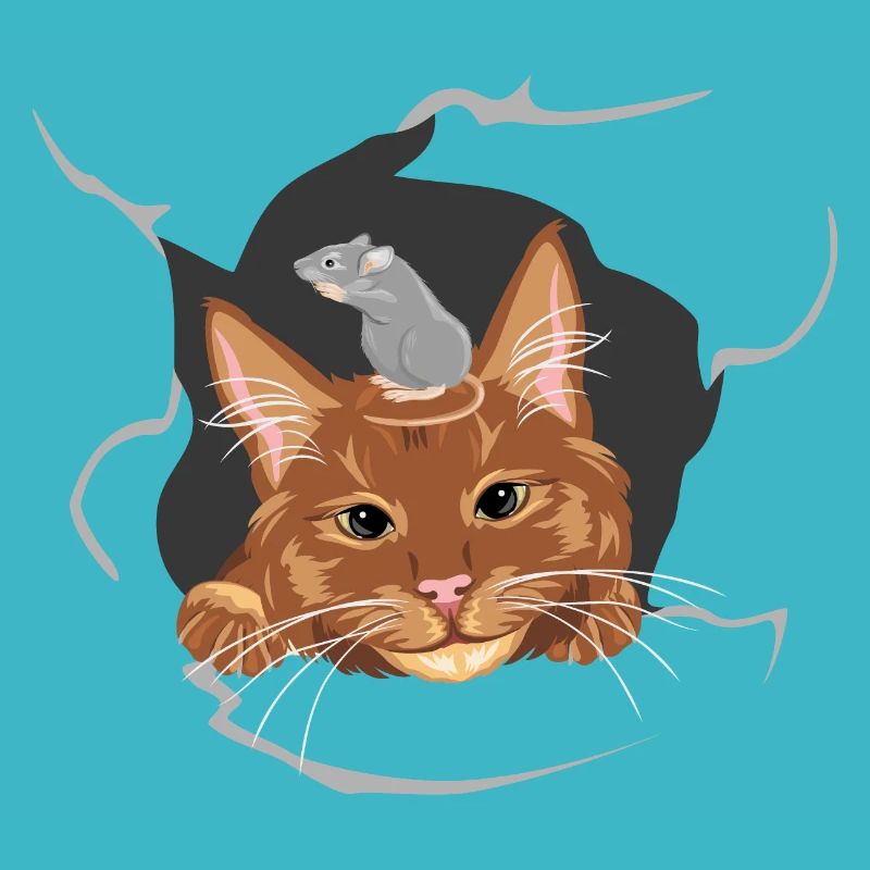 Cat and grey mouse peeks through a broken wall