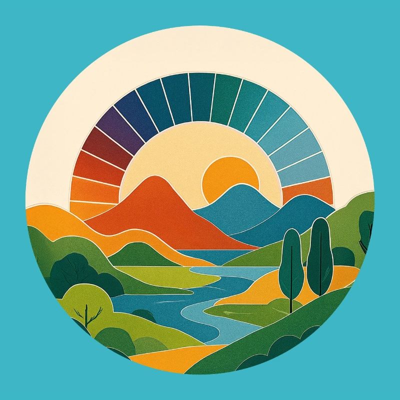 Retro Landschaft – Bunter Sonnenbogen im Kreis