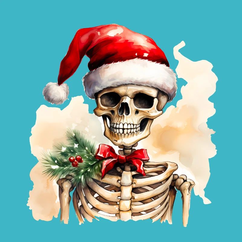 Aquarelle squelette avec chapeau de père Noël