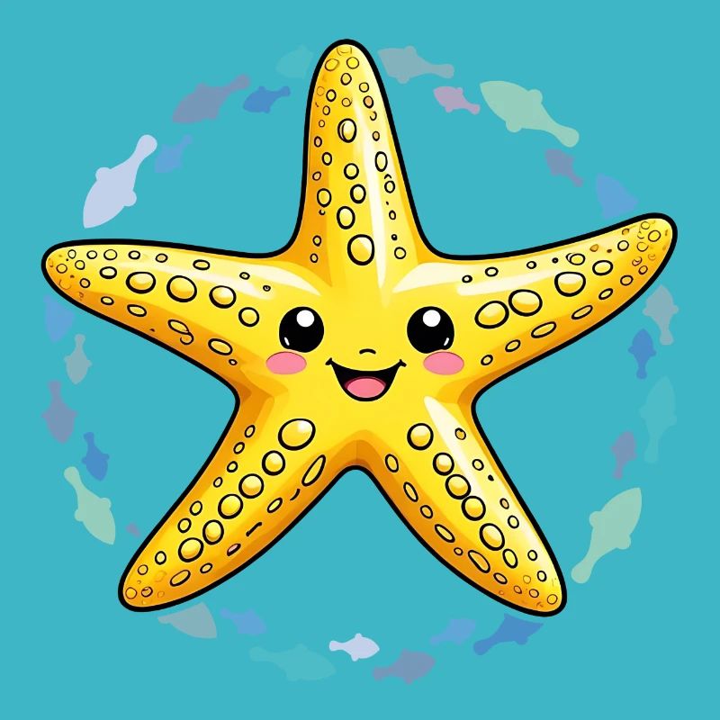 Laughing yellow starfish with many fish