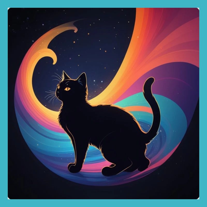 Chat noir devant les couleurs de l’arc-en-ciel