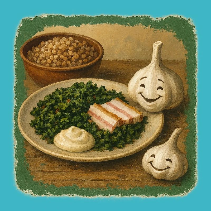 Lächelnder Knoblauch mit Grünkohl