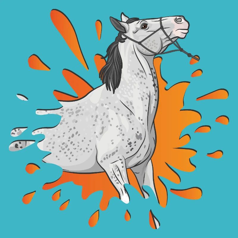 Ein graues Pferd in einem orangefarbenen Tintenklecks