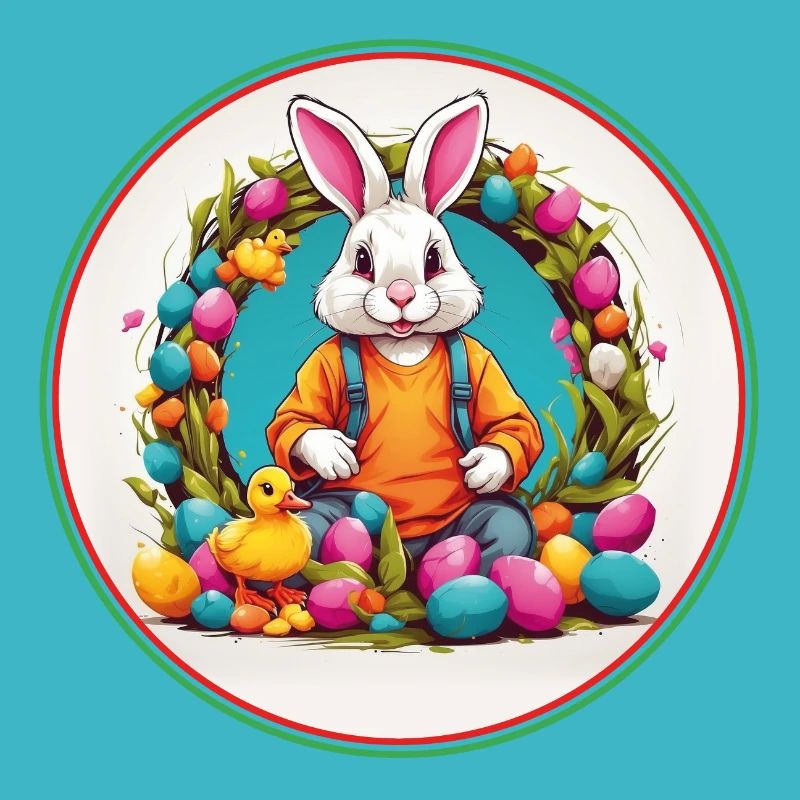 Cute easter bunny in easter basket with little chick