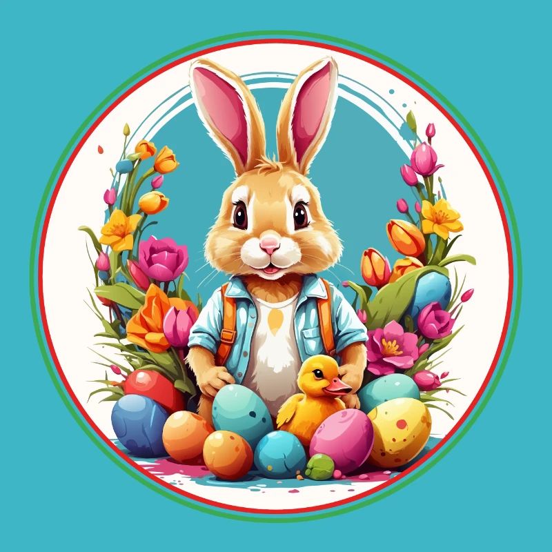 Cute easter bunny in easter basket with little chick