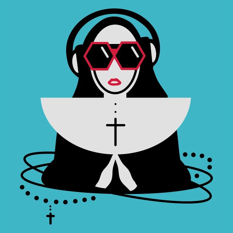 Nonne mit Sonnenbrille und Kopfhörer